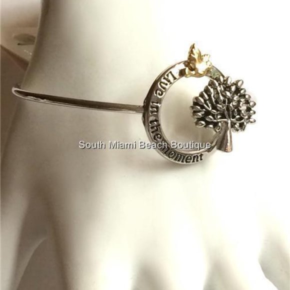 Tree of Life Bracelet Bangle LIVE IN THE MOMENT Message Celtic Silver Plated - Picture 6 of 12